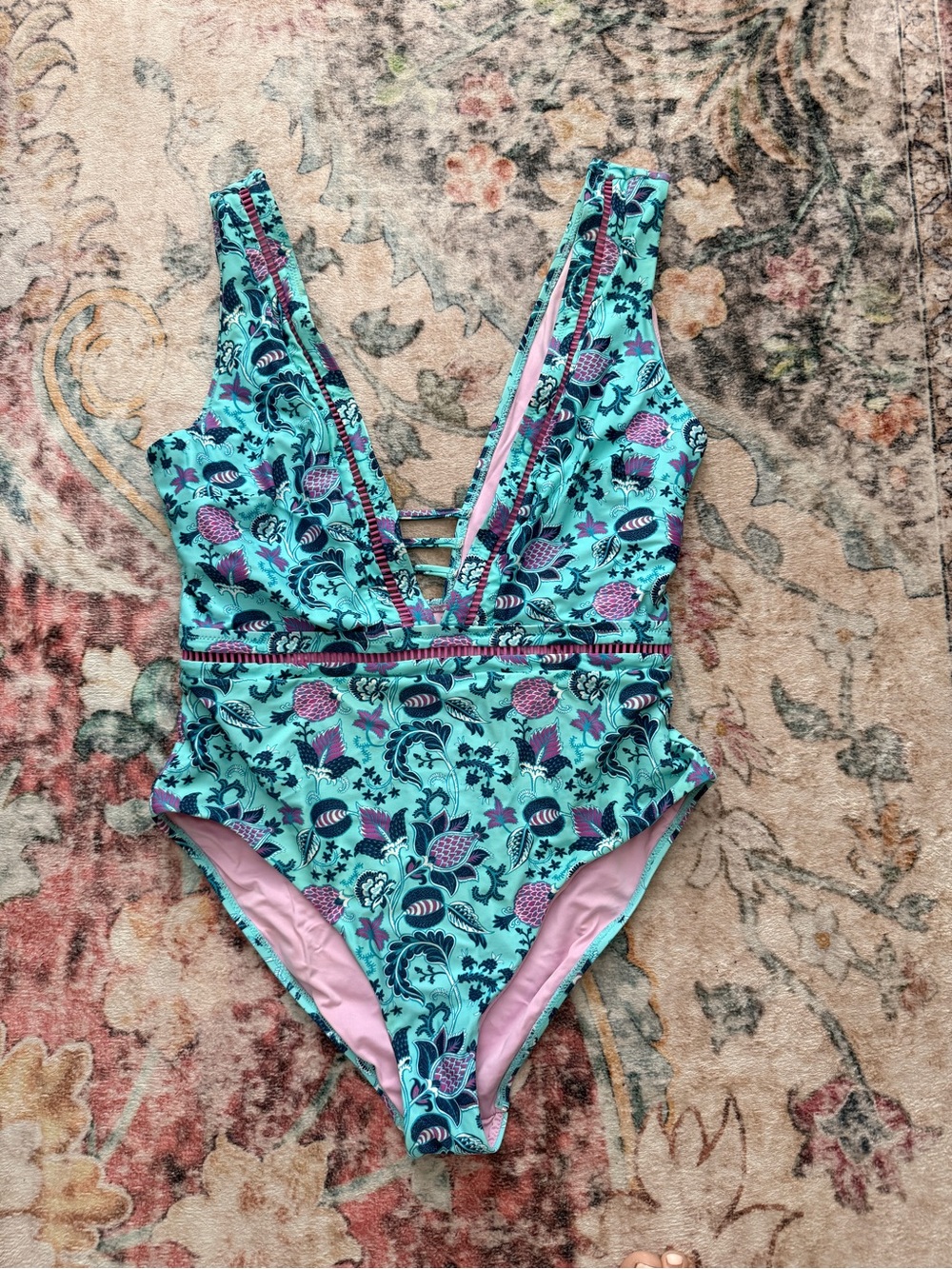 Nanette Lepore Teal Floral One-Piece Swimsuit with Pink Lining